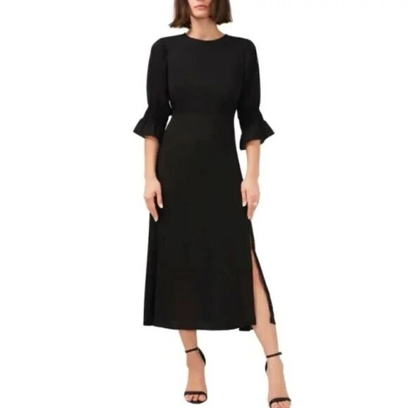 HALOGEN x NORDSTROM | Ruffle Cuff Midi Dress Rich Black Side Slit | Large - Picture 1 of 8
